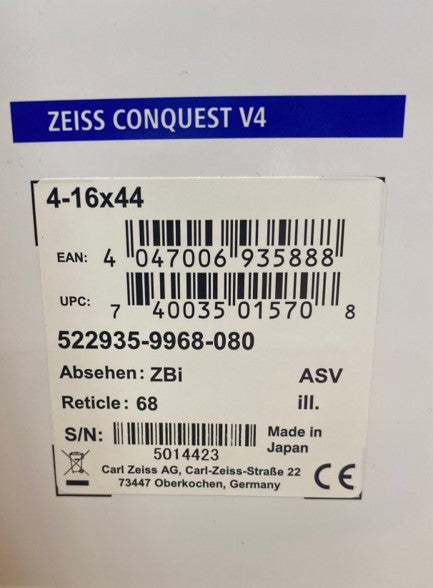 Zeiss Conquest V4 4-16x44 Reticle 68 Elevation Turret