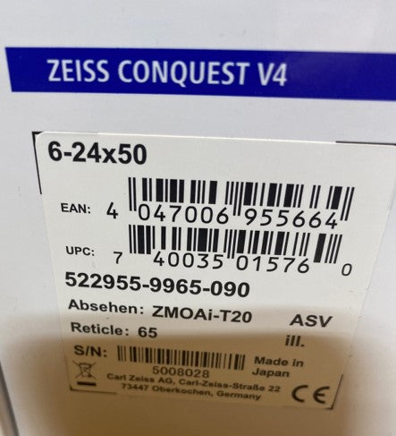 Zeiss Conquest V4 6-24x50  Reticle 65 Elevation and Windage Turrets