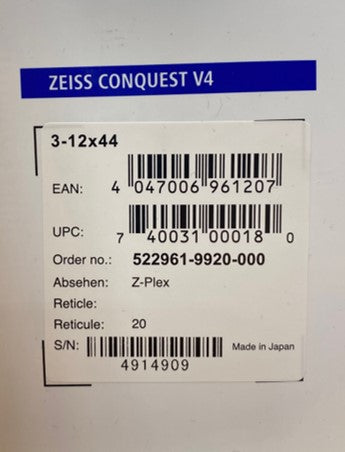 Zeiss Conquest V4 3-12x44 Reticle 20 Plex Capped Elevation and Windage