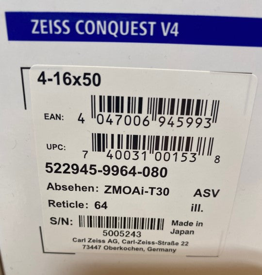 Zeiss Conquest V4 4-16x50 Reticle 64 Elevation Turret